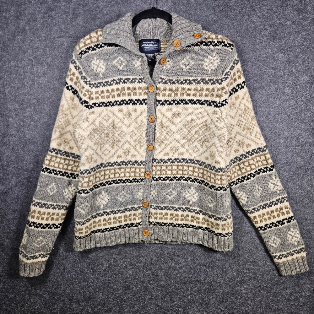 Eddie Bauer Womens Fair Isle Cardigan Sweater Nordic Lambswool Blend Granny Sz M